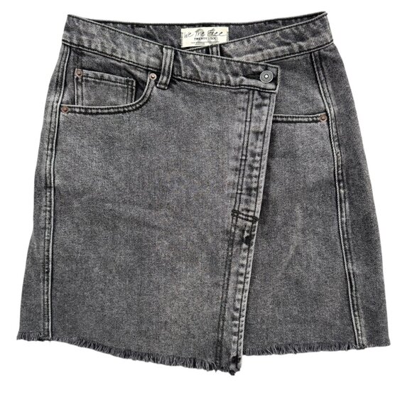 Free People Dresses & Skirts - Free People Parker Wrap Skirt Sulphur Black Denim Fringe Hem Asymmetrical Sz 26